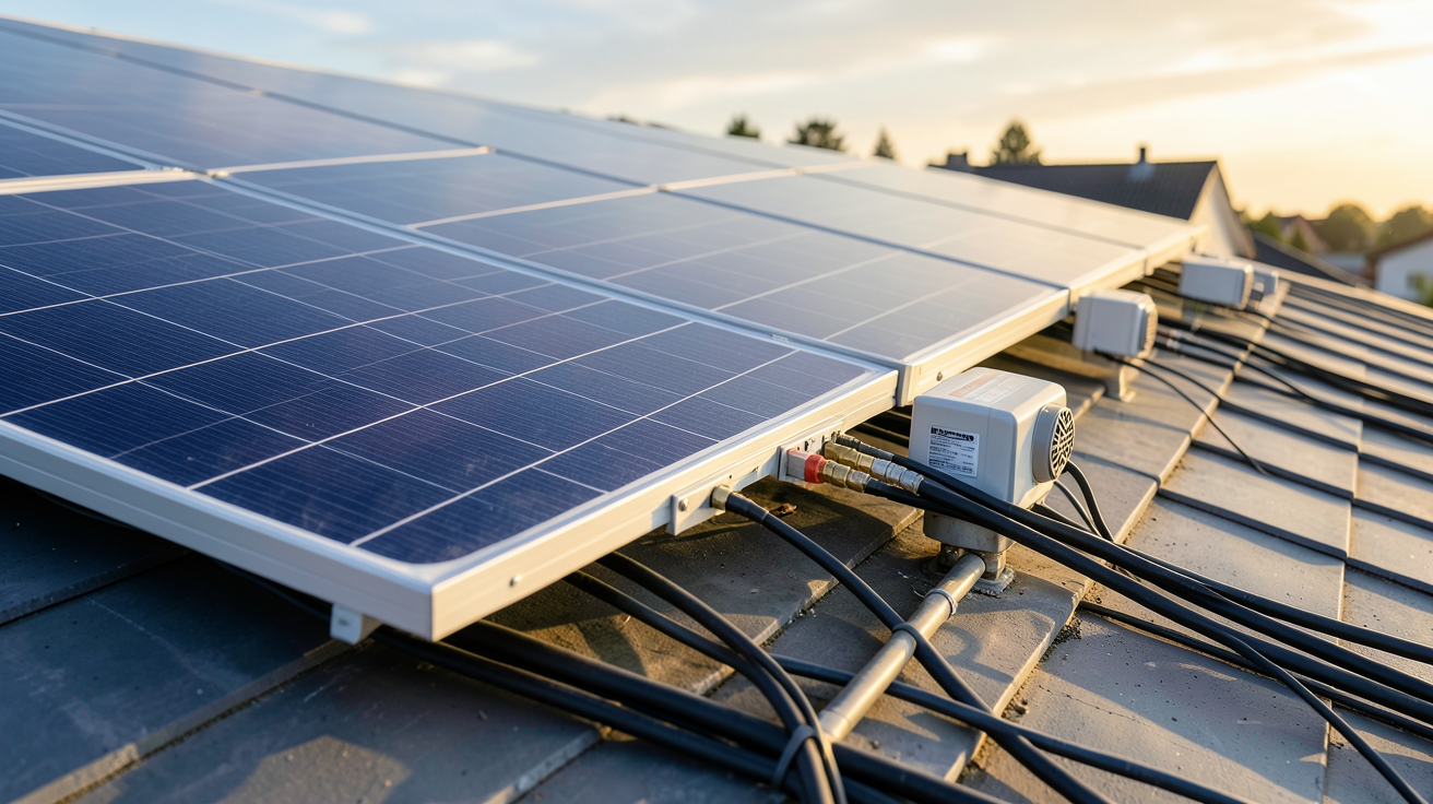 panneau photovoltaïque 380V triphasé connecté à un système de conversion sur un toit