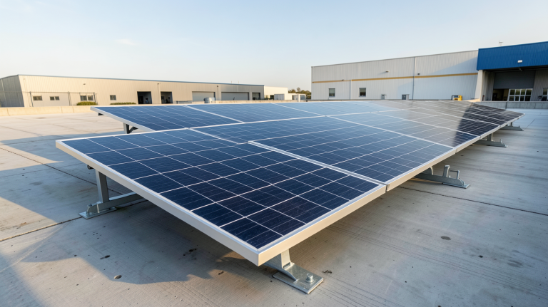 panneau photovoltaïque 380V installé sur un toit industriel en pleine lumière naturelle