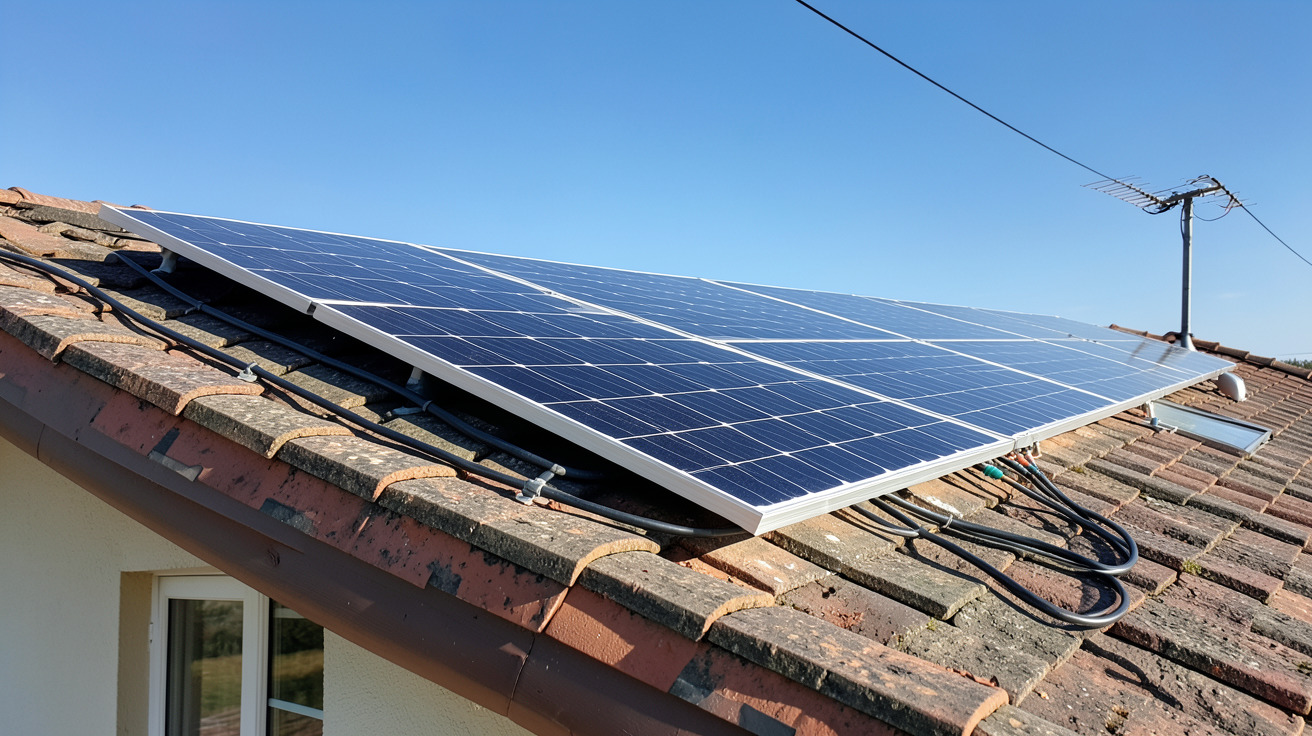 panneau photovoltaïque 3kW installé sur le toit d'une maison avec un ciel bleu dégagé