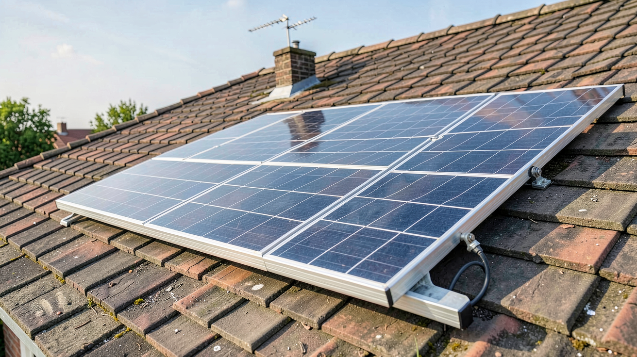 panneau photovoltaique 3kwc installé sur un toit résidentiel, montrant sa surface brillante sous la lumière du jour