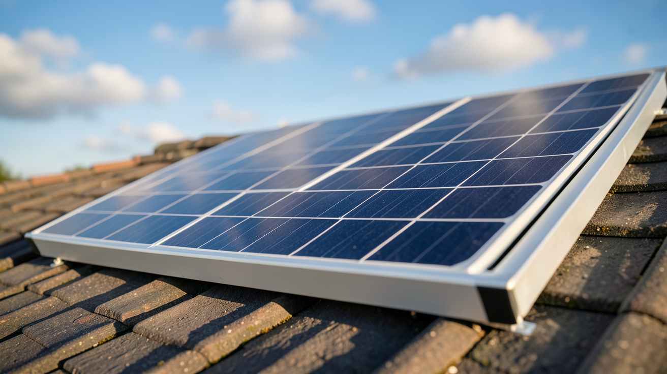 panneau photovoltaïque 400 watts installé sur un toit résidentiel avec ciel bleu en arrière-plan