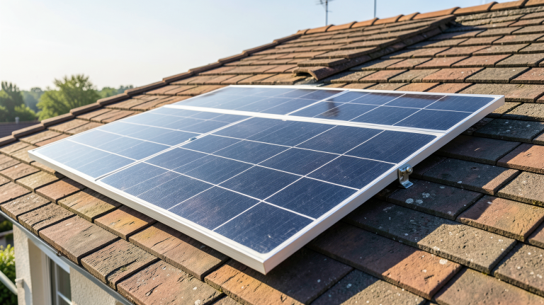 panneau photovoltaïque 400 watts installé sur un toit résidentiel sous une lumière naturelle éclatante, vue aérienne nette et détaillée