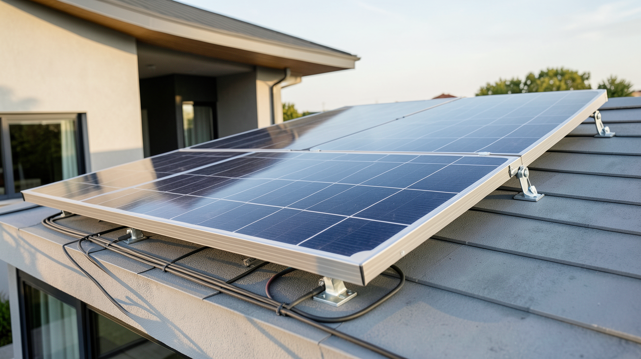 panneau photovoltaïque 400W installé sur le toit d'une maison moderne avec des fixations visibles et des câbles organisés