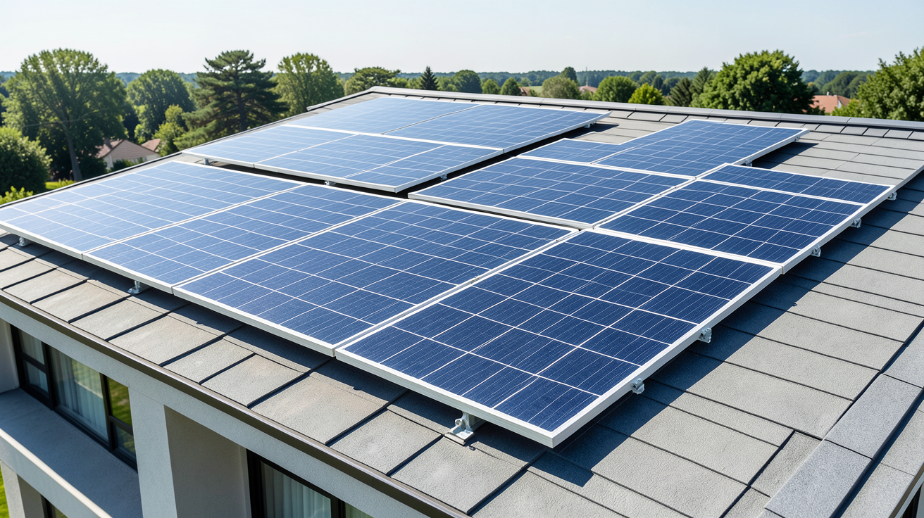 panneau photovoltaique 450w installé sur le toit d'une maison moderne sous un ciel clair