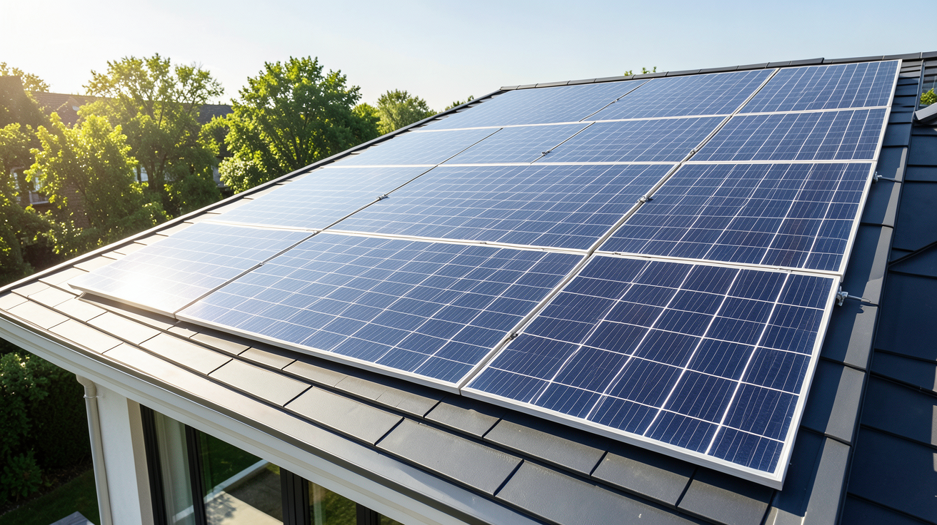 panneau photovoltaique 450wc installé sur un toit de maison moderne sous un ciel clair
