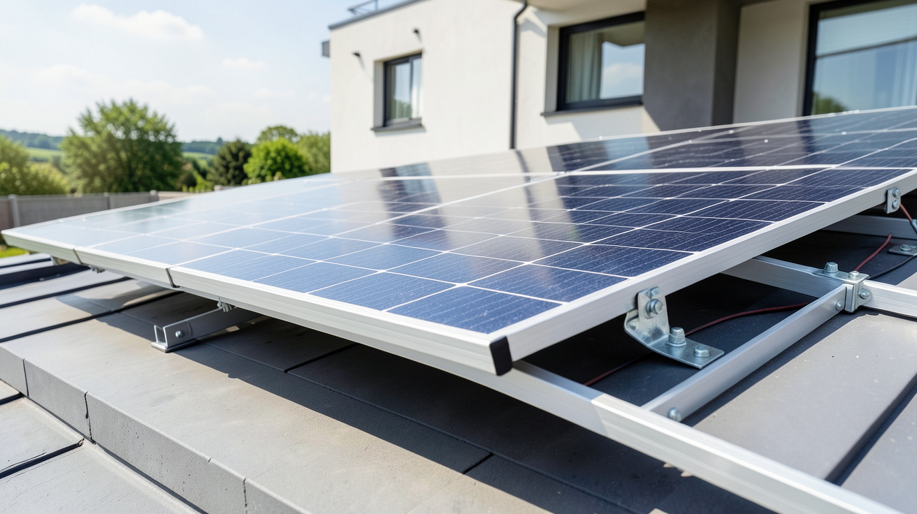 panneau photovoltaique 450wc en cours d'installation sur une toiture résidentielle par un professionnel