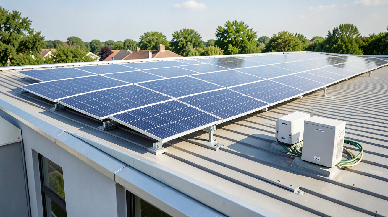 panneau photovoltaique 5000w installation d'autoconsommation avec panneaux solaires, onduleur et batterie visible
