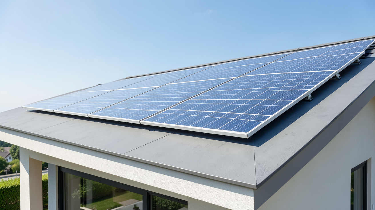 panneau photovoltaique 5000w installé sur le toit d’une maison, illustrant le coût moyen d’une installation de 5 kWc entre 8 800 € et 15 000 € hors aides
