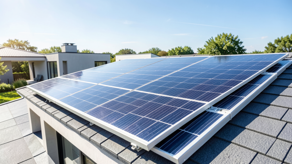 panneau photovoltaique 5000w installé sur le toit d'une maison moderne sous le soleil
