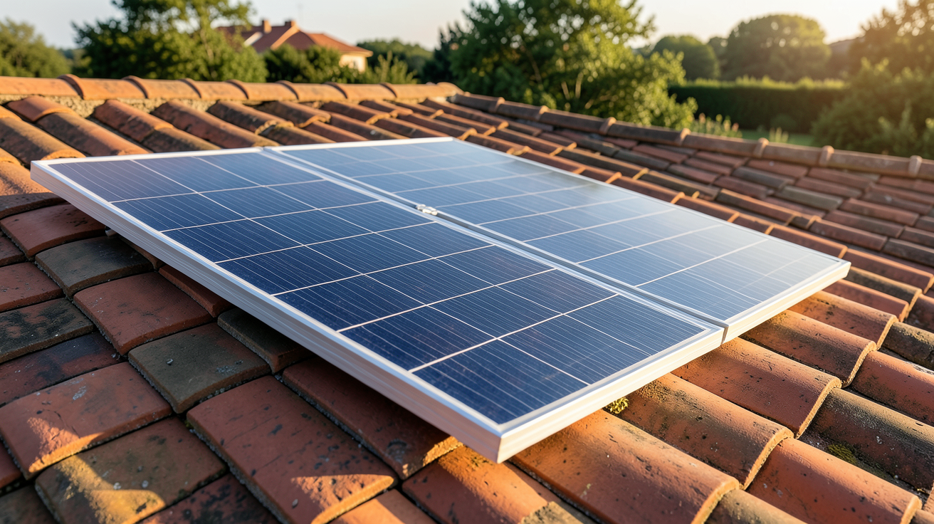 panneau photovoltaïque 500W installé sur un toit en tuiles rouges, vue rapprochée des cellules solaires et du cadre en aluminium