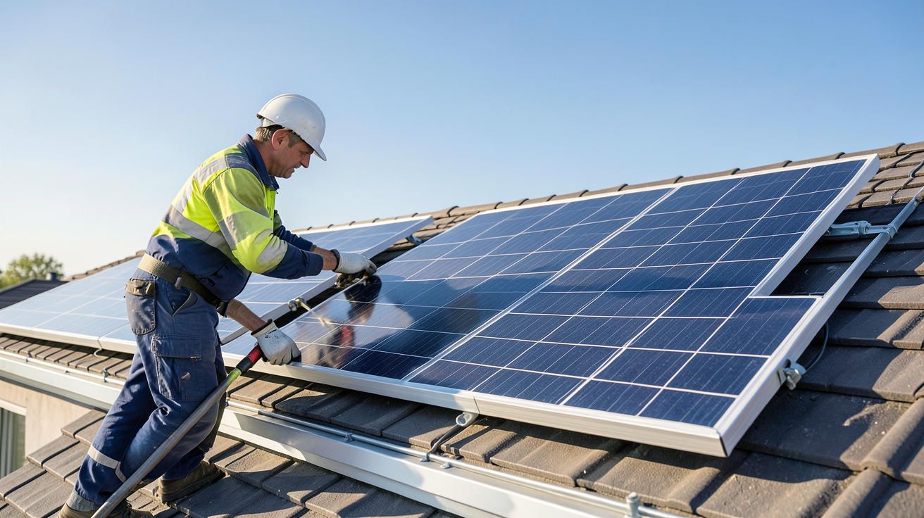 panneau photovoltaïque 500W en cours d'installation sur un toit résidentiel par un professionnel