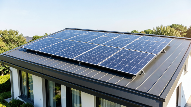 panneau photovoltaique 500wc installé sur le toit d'une maison moderne, capturant la lumière du soleil