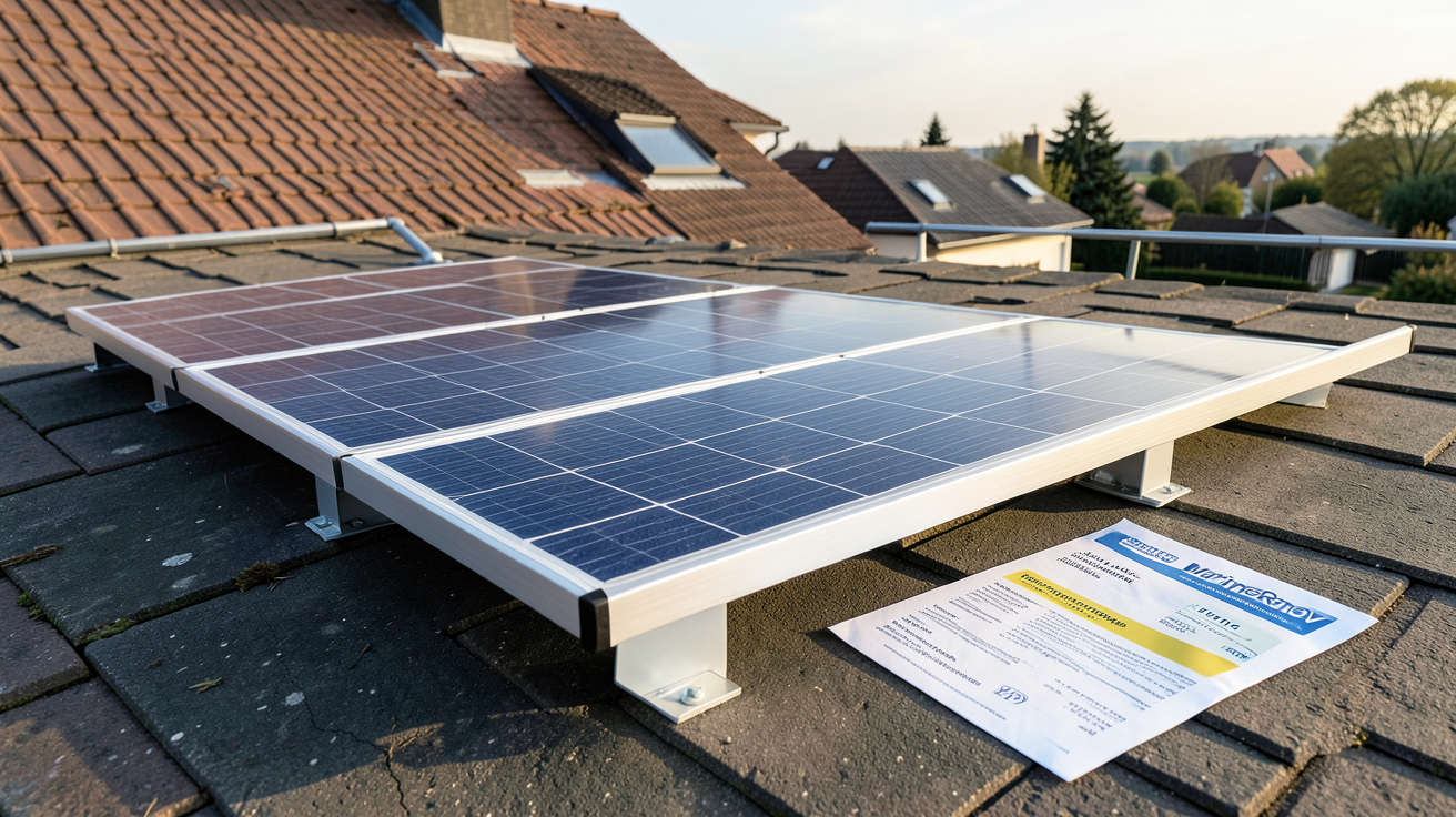 panneau photovoltaïque 6 kWc avec documents d'aides financières 2026 (prime à l'autoconsommation, MaPrimeRénov', TVA réduite) sur un toit de maison