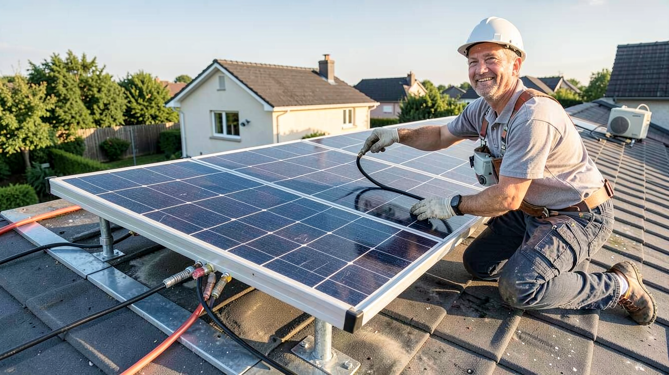 panneau photovoltaïque 600W en cours d'installation sur un toit résidentiel avec un technicien professionnel