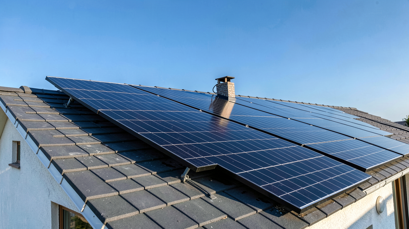 panneau photovoltaïque 6 kW installé sur le toit d'une maison avec un ciel bleu dégagé