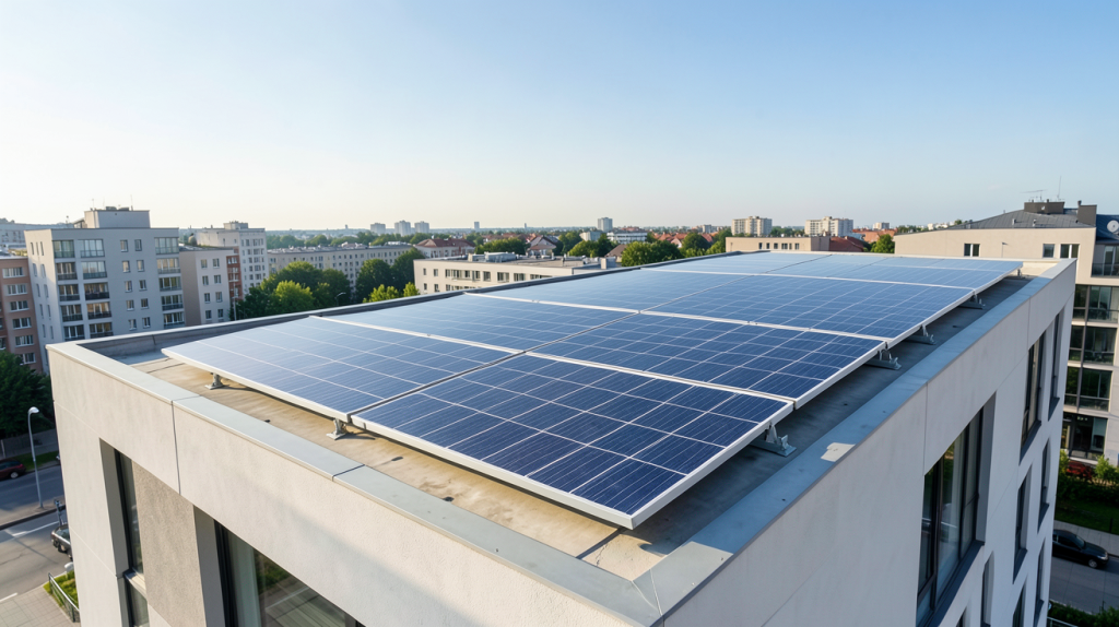 panneau photovoltaïque 6 kWc installé sur le toit d'une maison urbaine moderne