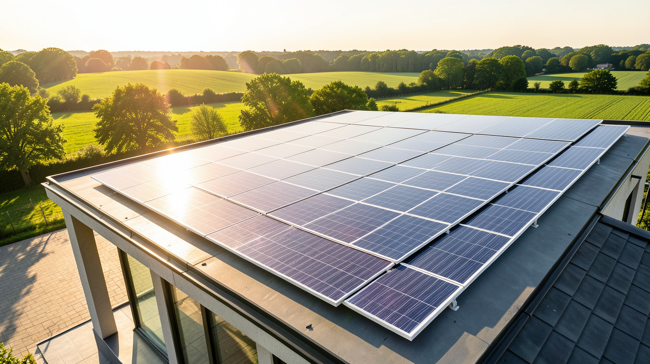 panneau photovoltaique 6kwc installé sur un toit captant l'énergie solaire dans un paysage français