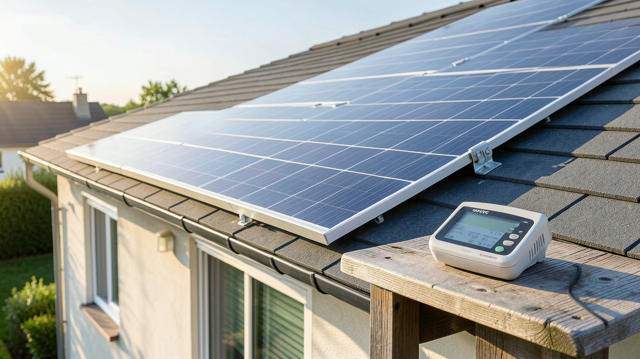 panneau photovoltaïque 9 kWc installé sur un toit avec un calculateur de rentabilité solaire posé à côté