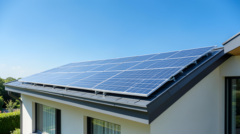 panneau photovoltaique 9 kwc installé sur le toit d'une maison moderne sous un ciel ensoleillé