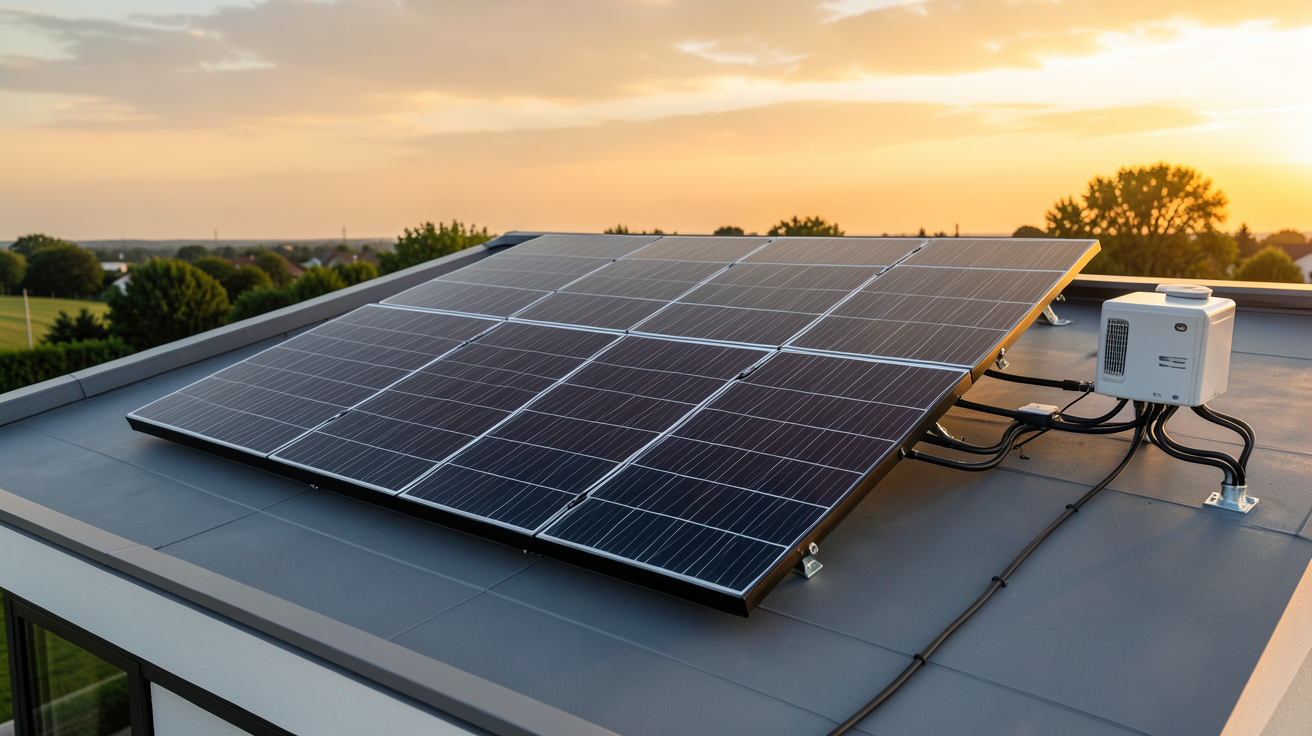 panneau photovoltaique 9 kWc faisant partie d'un kit solaire clé en main installé sur le toit d'une maison moderne