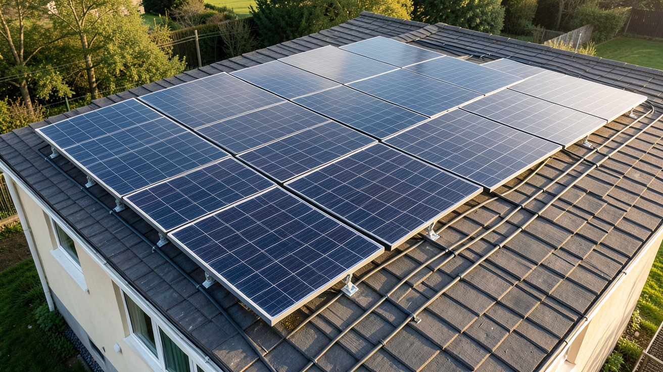 panneau photovoltaïque 9kW installé sur une toiture inclinée de maison individuelle montrant les dimensions requises