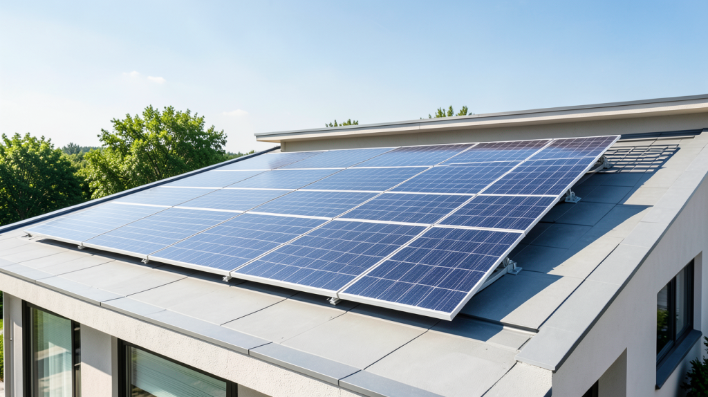 panneau photovoltaique 9kw installé sur le toit d'une résidence moderne sous un ciel bleu