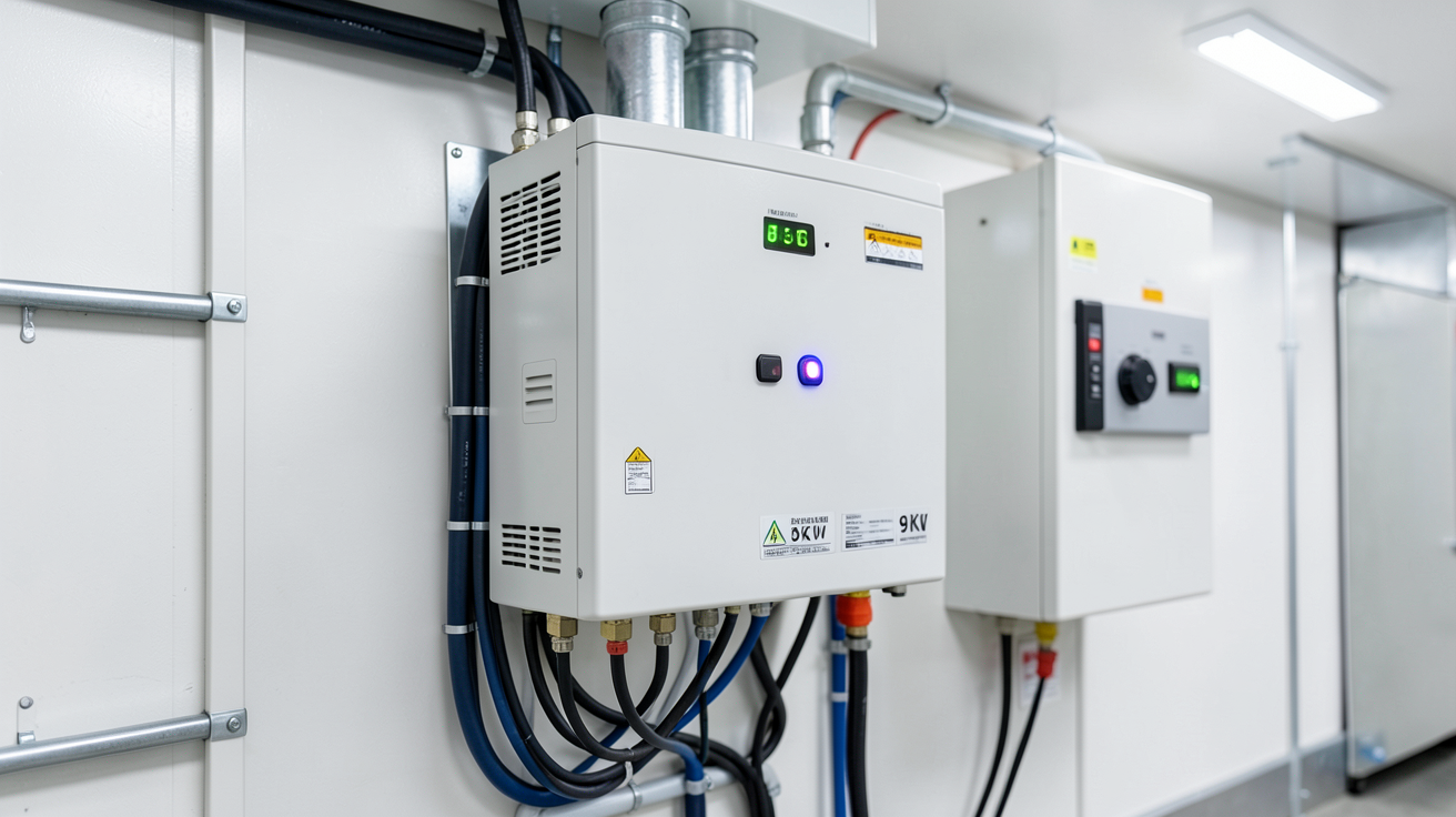 panneau photovoltaique 9kw avec onduleur triphasé installé dans un local technique