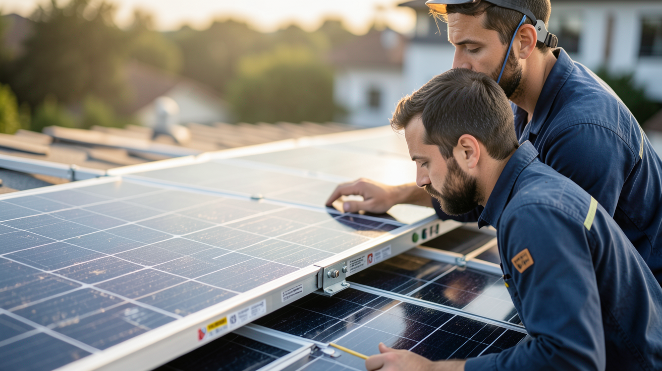 panneau photovoltaïque en cours d'examen par un installateur professionnel sur un toit résidentiel