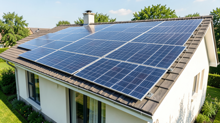 panneau photovoltaique achat panneaux photovoltaïques installés sur un toit résidentiel sous lumière du jour, vue nette et détaillée