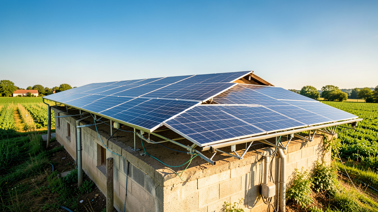 panneau photovoltaïque agricole installé sur un bâtiment agricole en pleine campagne sous un ciel ensoleillé