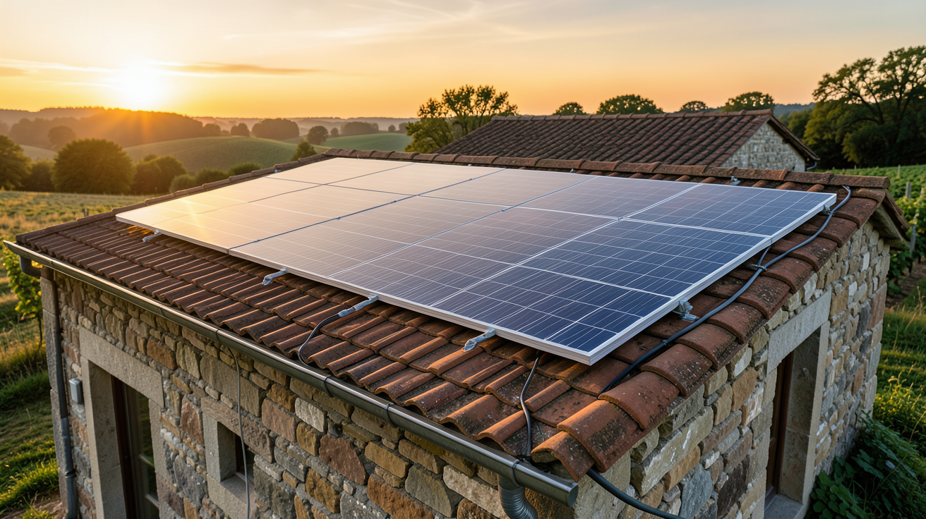 panneau photovoltaïque agricole installé sur la toiture d'un bâtiment en pierre