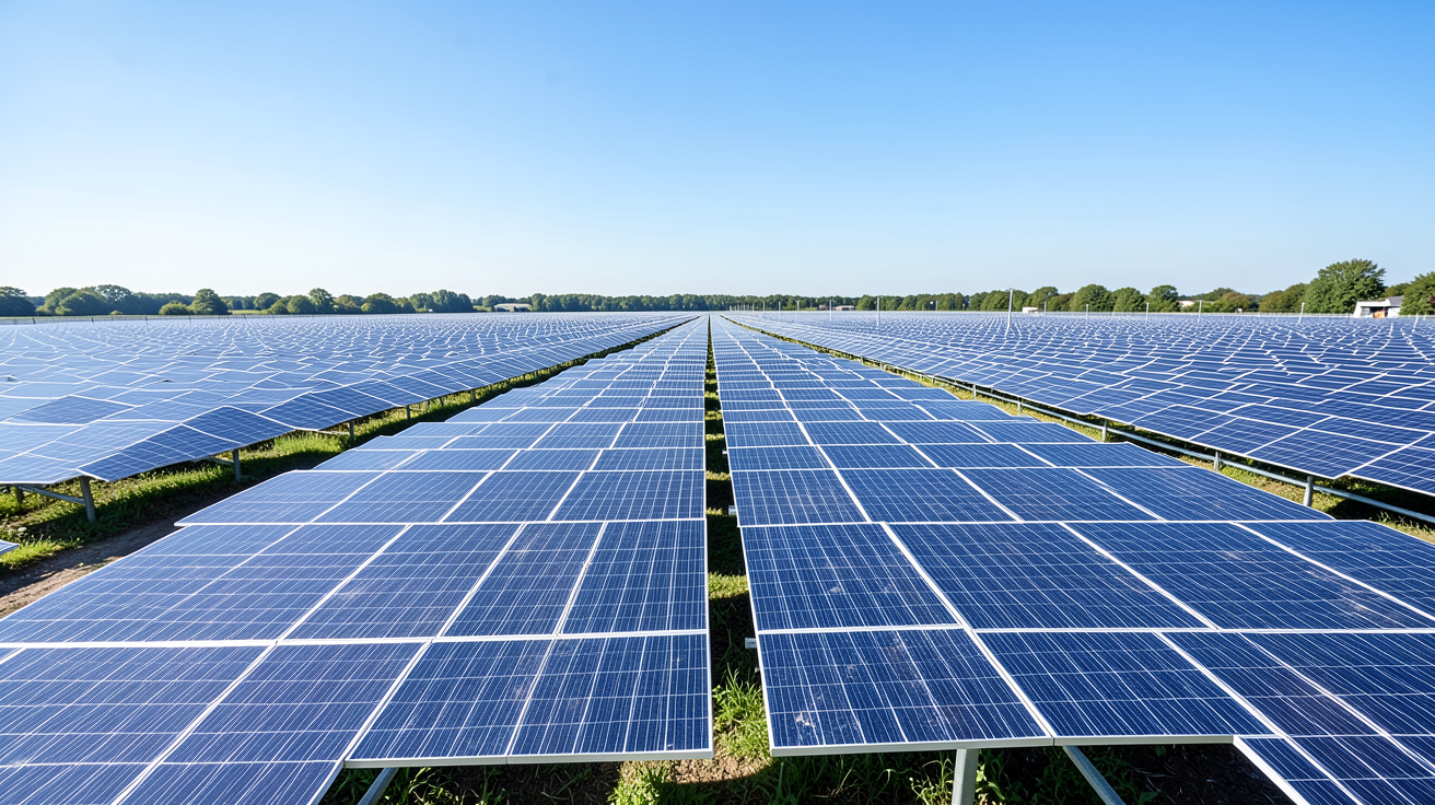 panneau photovoltaique allemand montrant un vaste parc solaire avec des rangées de panneaux sous un ciel limpide, vue aérienne réaliste