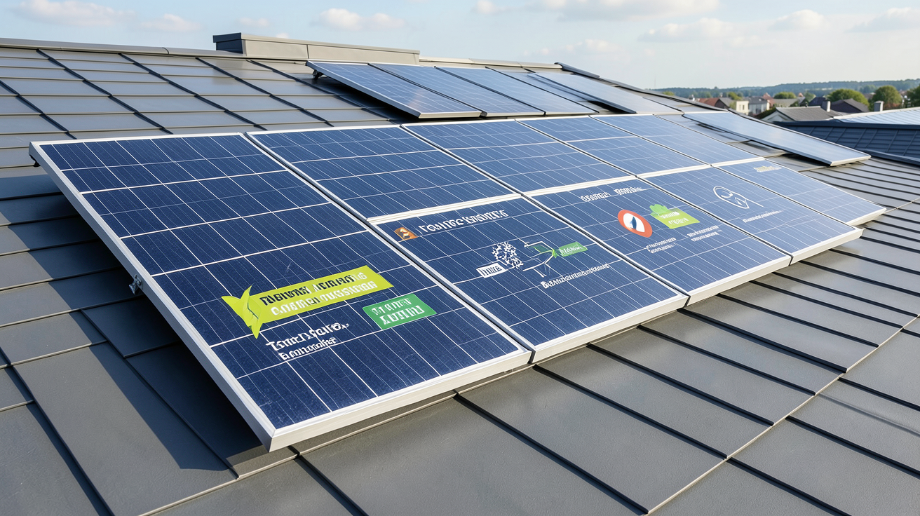 panneau photovoltaique allemand illustrant les technologies clés, installé sur un toit contemporain, éclairé par la lumière du jour