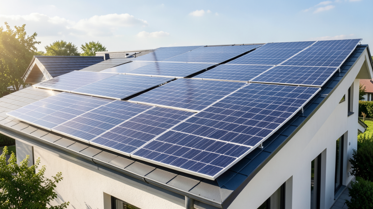 panneau photovoltaique allemand installé sur le toit d'une maison moderne sous un ciel bleu