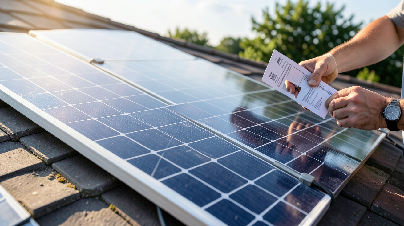 panneau photovoltaïque posé sur un toit avec un guide technique en arrière-plan illustrant les critères de choix