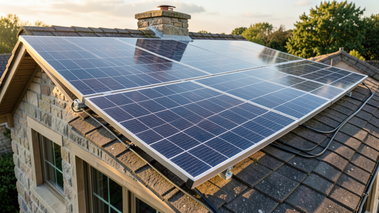 panneau photovoltaïque installé sur le toit d'une maison avec vue sur un ciel dégagé
