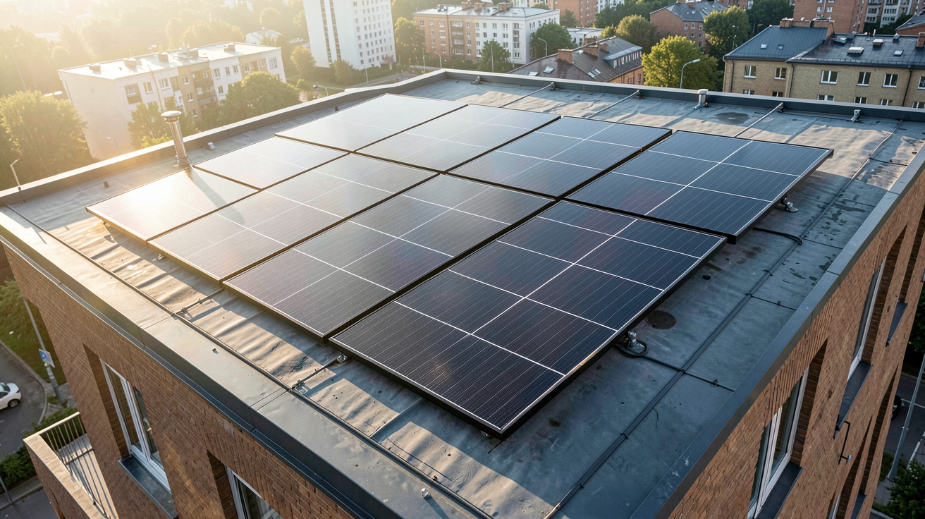 panneau photovoltaïque amorphe installé sur le toit d'un bâtiment urbain