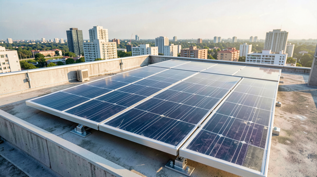 panneau photovoltaïque amorphe installé sur un toit-terrasse d'un bâtiment moderne