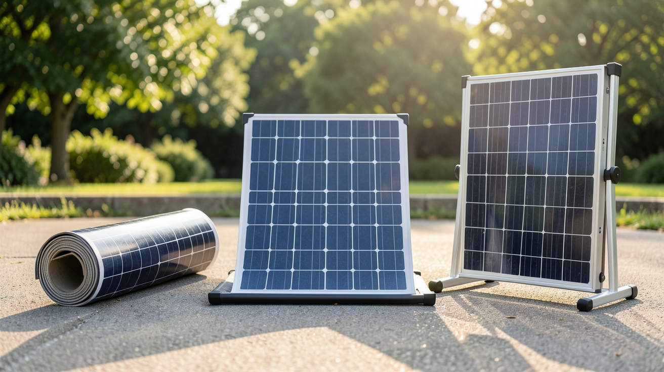 panneau photovoltaïque amovible présentant trois types : pliable, souple et rigide disposés côte à côte en extérieur