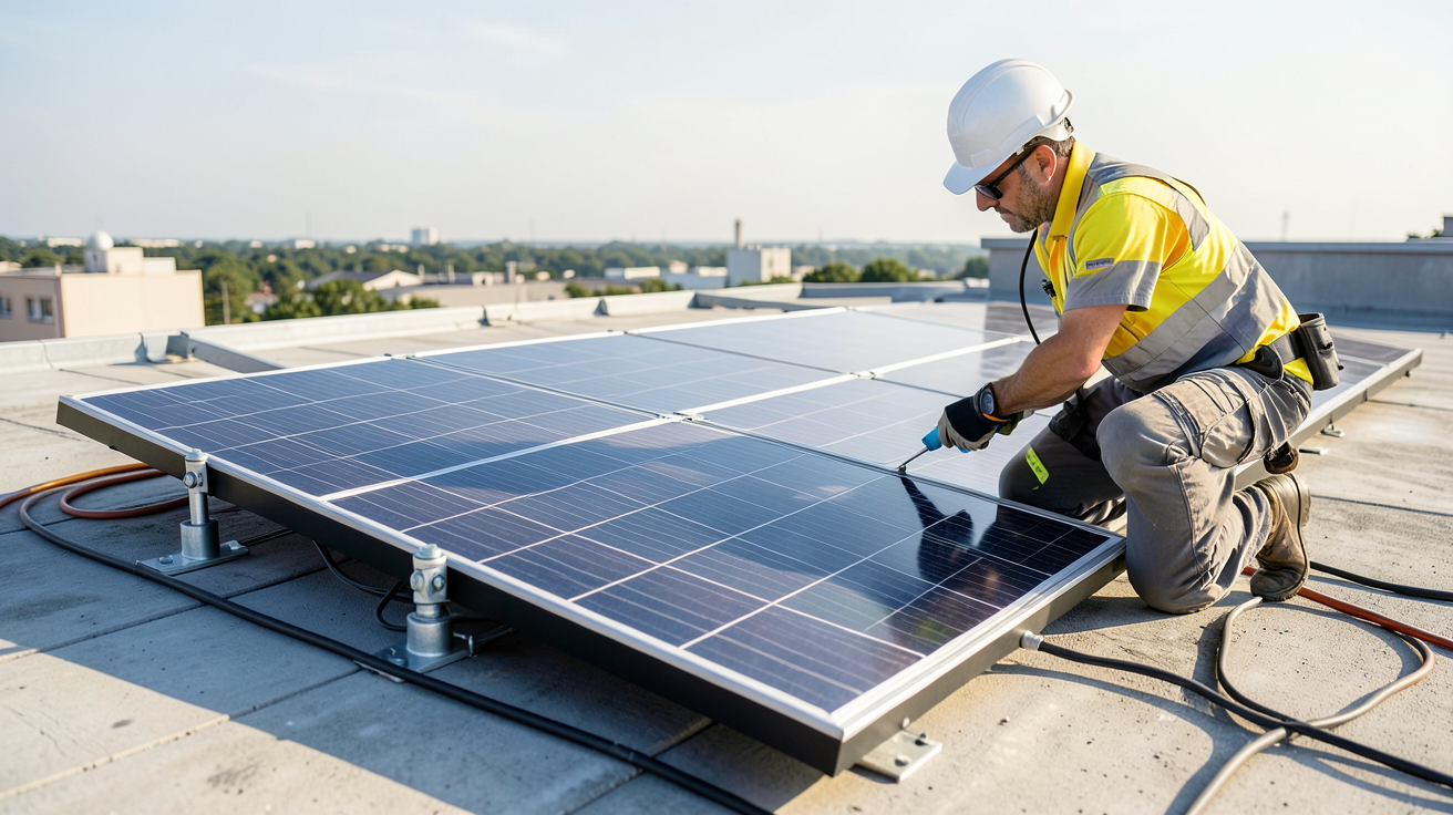 panneau photovoltaïque amovible en cours d'installation sur un toit plat par un professionnel