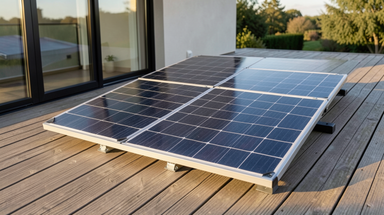 panneau photovoltaïque amovible installé sur une terrasse en bois d'une maison moderne