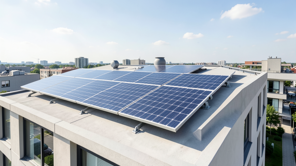 panneau photovoltaique appartement installé sur le toit d'un immeuble, captant le soleil avec des panneaux lumineux