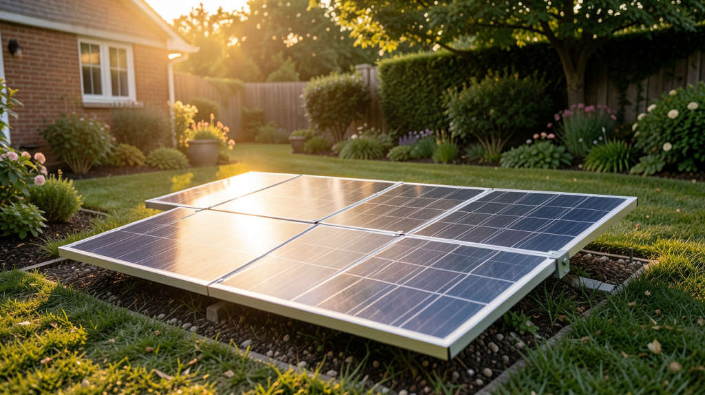 panneau photovoltaïque au sol pour particulier installé dans un jardin privé