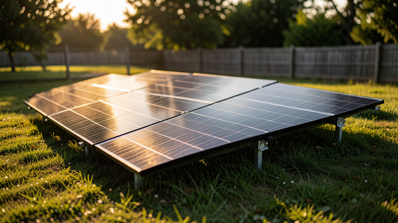 panneau photovoltaïque au sol pour particulier installé sur un terrain gazonné avec une lumière naturelle dorée