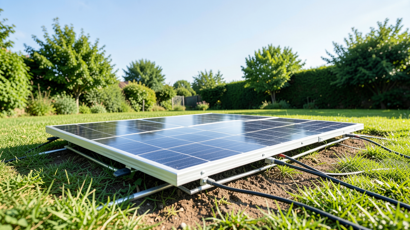 panneau photovoltaïque au sol pour particulier lors des étapes d'installation dans un jardin