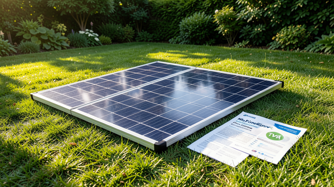 panneau photovoltaïque au sol installé dans un jardin avec des documents d'aides financières pour 2026