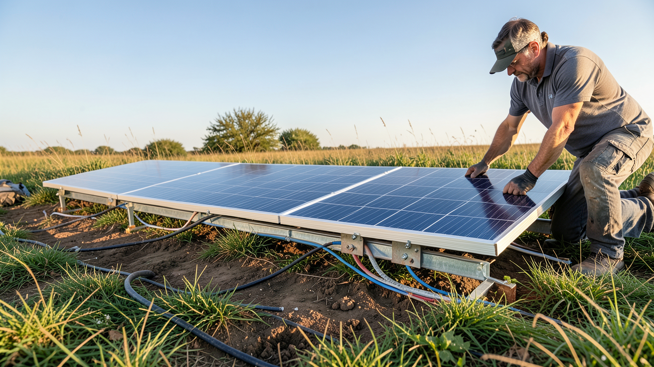 panneau photovoltaïque au sol en cours d'installation par une personne avec détails des fixations et structure métallique