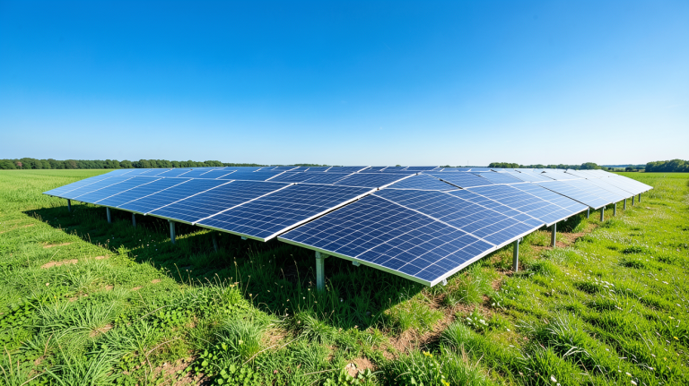 panneau photovoltaique au sol prix installé dans un champ sous une lumière naturelle