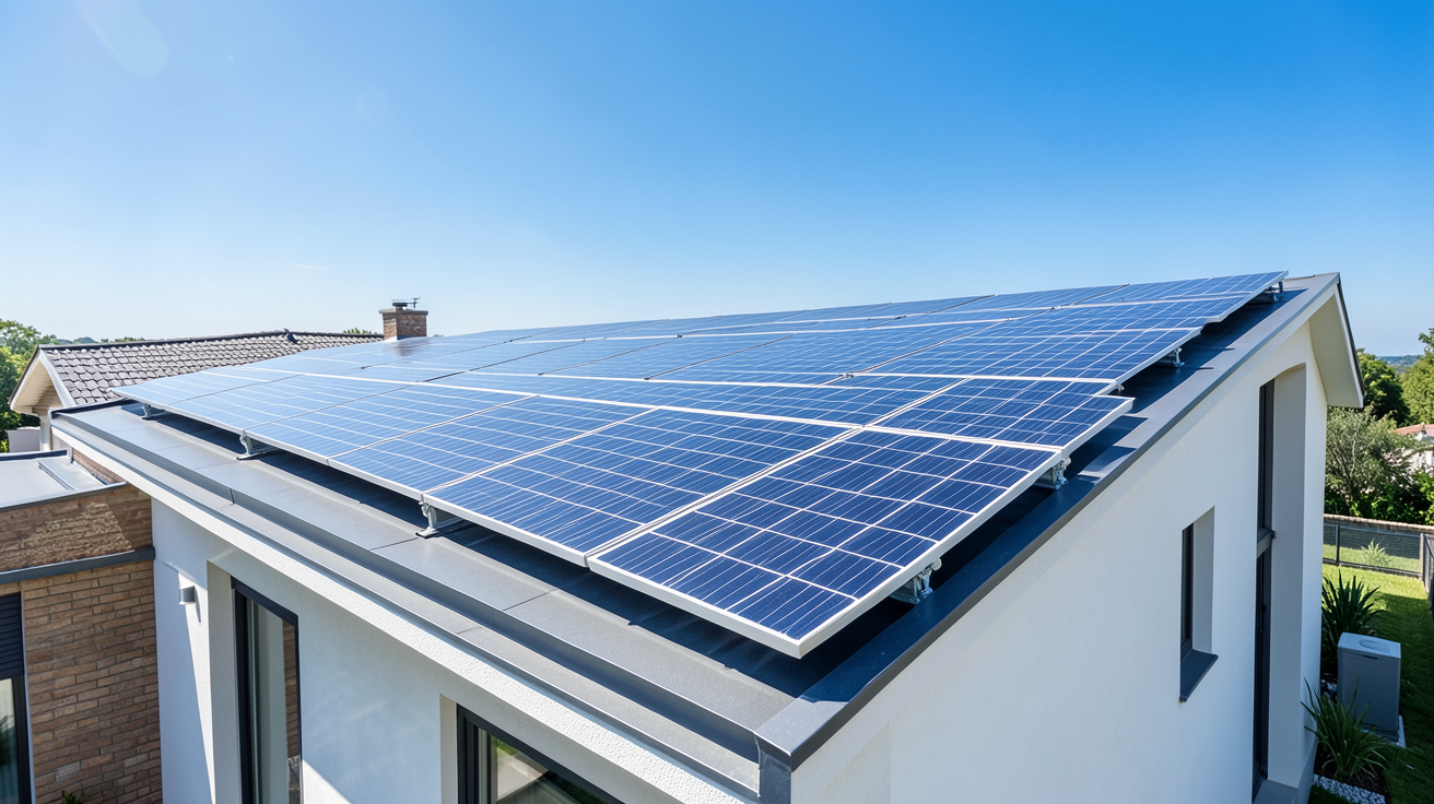 panneau photovoltaïque autofinancement edf installé sur le toit d'une maison moderne sous une lumière naturelle vive