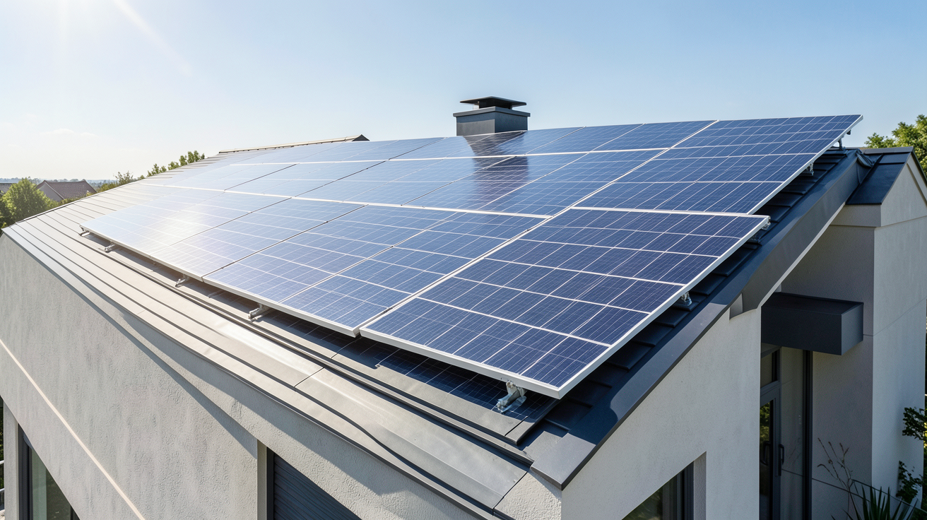 panneau photovoltaïque autofinancement edf installé sur le toit d'une maison moderne sous une lumière solaire intense
